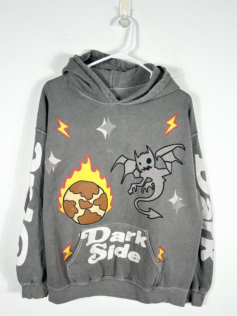 👁️ PacSun Dark Side Graphic Hoodie Gray Washed Pullover Fleece Sweatshirt Y2K